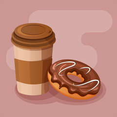 Donut with chocolate icing and a sugar strip with a cup of coffee on a dark background