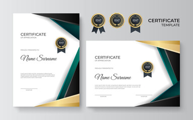 Certificate template with dynamic and futuristic geometric shapes and modern background. Gold badges and green abstract elements