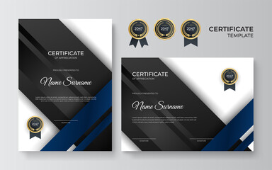 Certificate of appreciation template, black and blue color. Clean modern certificate with gold badge. Certificate border template with luxury and modern line pattern. Diploma vector template