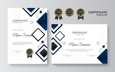 Certificate of appreciation template, gold and blue color. Clean modern certificate with gold badge. Certificate border template with luxury and modern line pattern. Diploma vector template