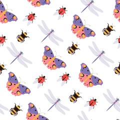 Seamless vector pattern with butterfly, dragonfly, ladybird, bumble bee. Background with insects