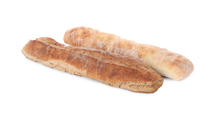 Different tasty baguettes on white background. Fresh bread
