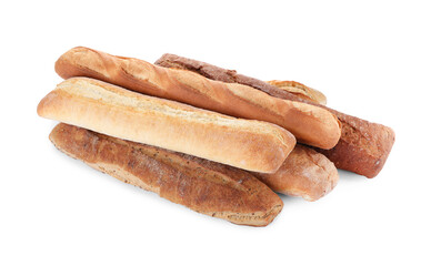 Different tasty baguettes on white background. Fresh bread