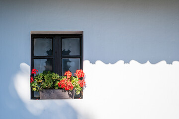 Wooden window in an old farm house with colorful potted flowers in the ethnographic village of Holloko in Hungary