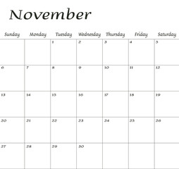 November 2022. Calendar planner design template. Week starts on Sunday.