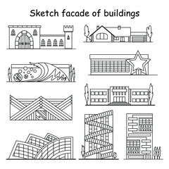 Set of black line style icons facade store and shop, home and office. Sketch outline town of commercial architecture, old and modern buildings. City contour symbols, isolated vector illustration.