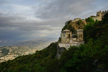 Fototapeta na wymiar Torretta Pepoli and landscape view in Erice on a cloudy day, Trapani, Sicily, Italy