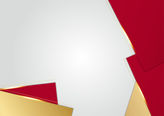 Elegant abstract red background with geometric triangle shape and line golden elements. Realistic luxury paper cut style 3d modern concept. Vector illustration for design
