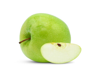 Whole sliced fresh green apple isolated on white background.