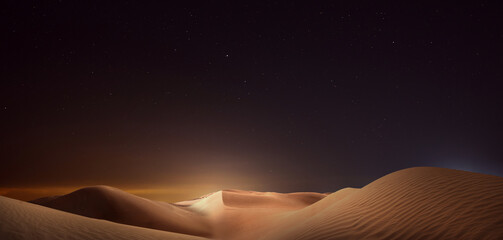 Scenic view of sandy desert under starry sky in night. Banner design - obrazy, fototapety, plakaty