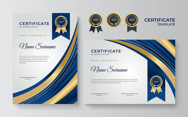 Blue and gold certificate template. Modern blue certificate award or diploma template set of two, portrait and landscape design in A4 size. Suit for business, education, award and more