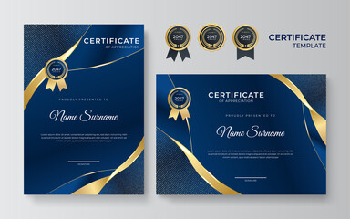 Blue and gold certificate template. Modern blue certificate award or diploma template set of two, portrait and landscape design in A4 size. Suit for business, education, award and more