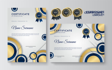 Blue and gold certificate template. Modern blue certificate award or diploma template set of two, portrait and landscape design in A4 size. Suit for business, education, award and more