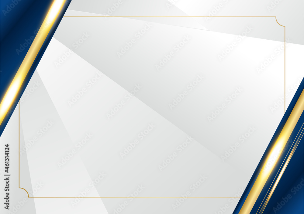 Poster dark navy blue and gold curve shapes on background with glowing golden striped lines and glitter. lu