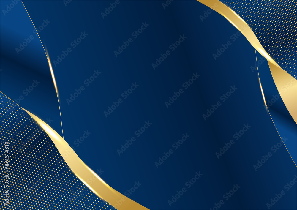 Poster dark navy blue and gold curve shapes on background with glowing golden striped lines and glitter. lu