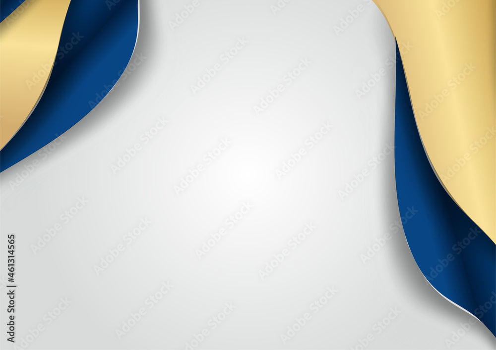 Poster Luxury dark blue overlap dimension background on metal pattern. Colorful golden glitters halftone texture with shiny realistic golden elements. Modern vector design template
