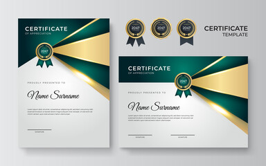 Certificate of achievement border design templates with elements of luxury gold badges, green shapes, and modern line patterns. Vector graphic print layout can use for award, appreciation, education