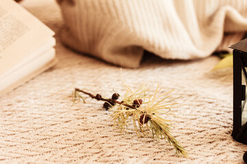 Cozy home atmosphere and decor.  Larch tree branch, lantern with a candle, book, knitted jumper on white knitted background. Autumn and winter home still life