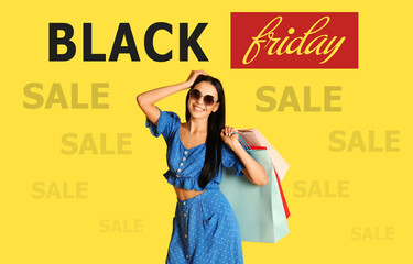 Black Friday Sale. Beautiful young woman with shopping bags on yellow background