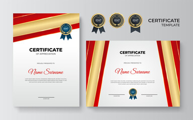 Award winning certificate template. Diploma of modern design or gift certificate. Vector illustration in red and gold color theme