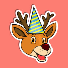 Animal Face Sticker With Deer Wearing Party Hat. Character Design.