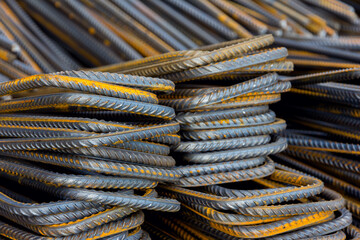 Steel Rebars for reinforced concrete. Steel reinforcement bar texture in construction site.