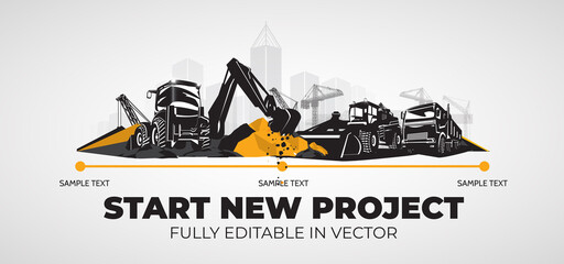 Backhoe excavator, machinery construction equipment in city.