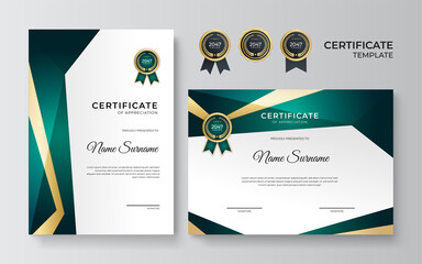 Elegant and professional green and gold award certificate template. Modern simple certificate with gold badge and border vector template