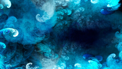 Fototapeta na wymiar Abstract blue beautiful fractal background in the form of clouds and feathers and is suitable for use in projects of imagination, creativity and design.