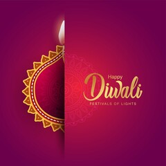 Happy Diwali celebration background. front view of banner design decorated with illuminated half oil lamps on patterned stylish background. vector illustration design