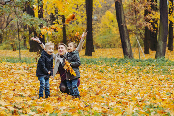 cute happy caucasian boys throw yellow fallen leaves up in the air. Autumn mood