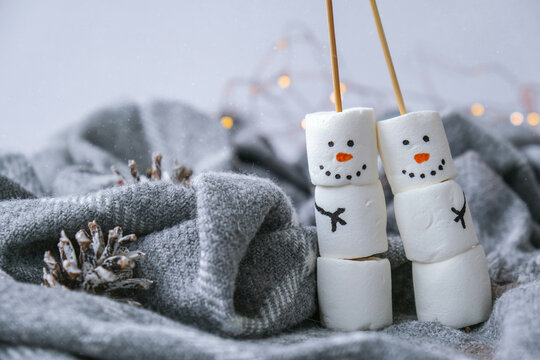 Two Happy Funny Marshmallow Snowmen. Marshmallow Friends. Diy. Sweet Treat For Kids Funny Marshmallow Snowman. Christmas Winter Holiday Decoration.