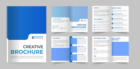 Corporate business Bifold brochure design. Blue template for bi-fold flyer. Layout with modern triangle photo and abstract background. Creative concept folded flyer or brochure.