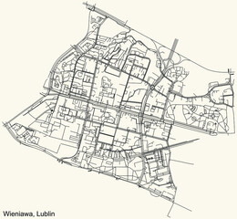 Detailed navigation urban street roads map on vintage beige background of the quarter Wieniawa district of the Polish regional capital city of Lublin, Poland
