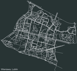 Detailed negative navigation urban street roads map on dark gray background of the quarter Wieniawa district of the Polish regional capital city of Lublin, Poland