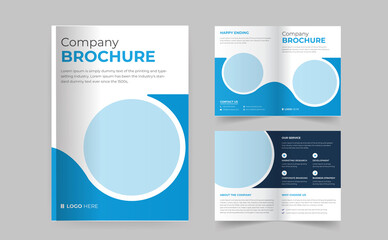 Corporate business Bifold brochure design. Blue template for bi-fold flyer. Layout with modern triangle photo and abstract background. Creative concept folded flyer or brochure.