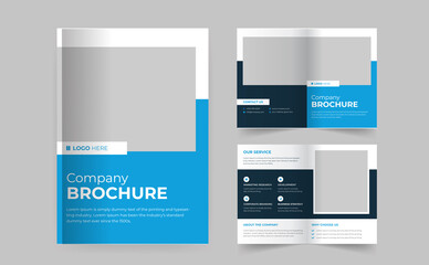 Corporate business Bifold brochure design. Blue template for bi-fold flyer. Layout with modern triangle photo and abstract background. Creative concept folded flyer or brochure.