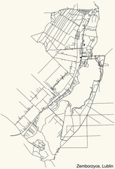 Detailed navigation urban street roads map on vintage beige background of the quarter Zemborzyce district of the Polish regional capital city of Lublin, Poland
