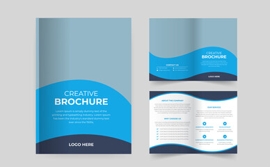 Corporate business Bifold brochure design. Blue template for bi-fold flyer. Layout with modern triangle photo and abstract background. Creative concept folded flyer or brochure.