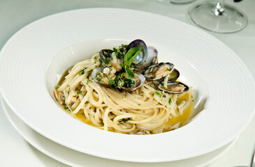 Spaghetti seafood on white background