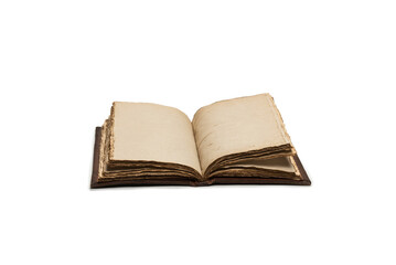 An open empty old notebook isolated on a white background.