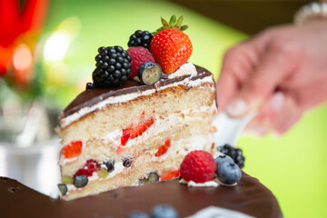 piece of cake with berries close up