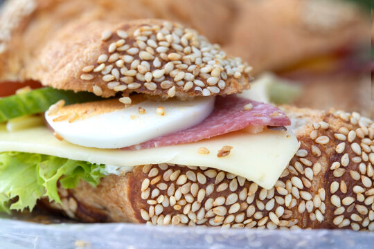 bagel with cheese egg and sesame close up