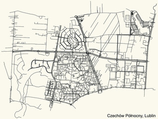 Detailed navigation urban street roads map on vintage beige background of the quarter Czechów Północny district of the Polish regional capital city of Lublin, Poland