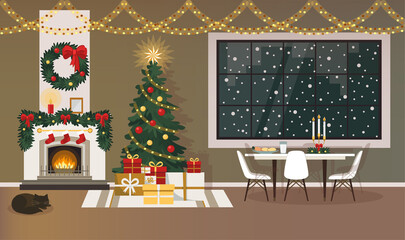 Christmas interior. Bright room with fireplace, decorated with a Christmas tree, light gerlands. Table with milk and cookies for Santa Claus. Vector illustration in flat style