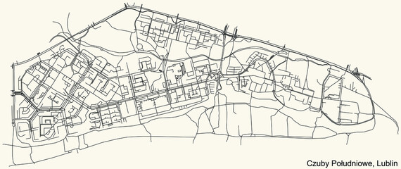 Fototapeta na wymiar Detailed navigation urban street roads map on vintage beige background of the quarter Czuby Południowe district of the Polish regional capital city of Lublin, Poland