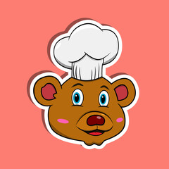 Animal Face Sticker With Bear Wearing Chef Hat. Character Design.