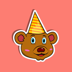 Animal Face Sticker With Bear Wearing Party Hat. Character Design.