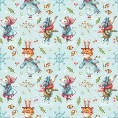 Watercolor christmas seamless pattern with illustration of cute animal mice and tiger cub that are kitten on skates in snowy winter