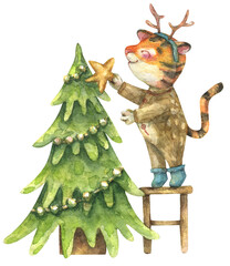 Obraz premium Christmas illustration of a cute tiger cub dressed up as a deer. The kid is decorating a Christmas tree.